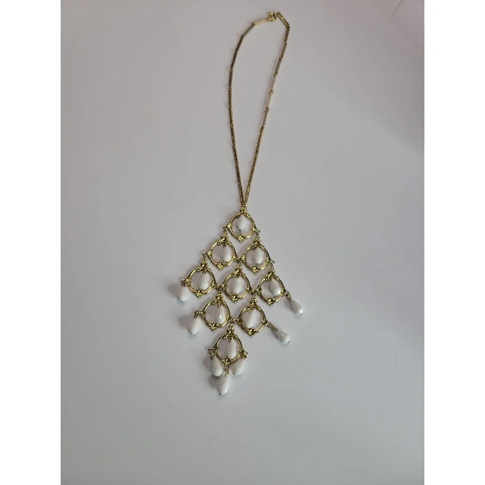 Gold Tone Chandelier Bib Necklace White Faceted Teardrop Beads Statement Necklac